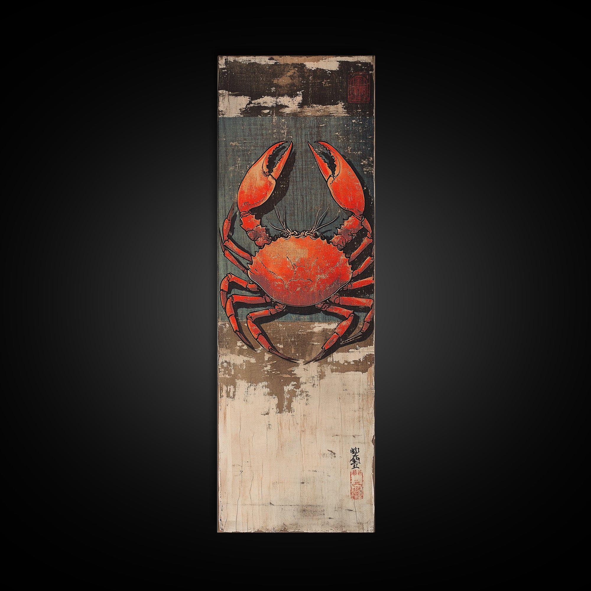 Bright Red Crab On Weathered Wood Wall Art, Nautical Japanese Seafood Print, Coastal Kitchen Decor, Beach House Canvas Print