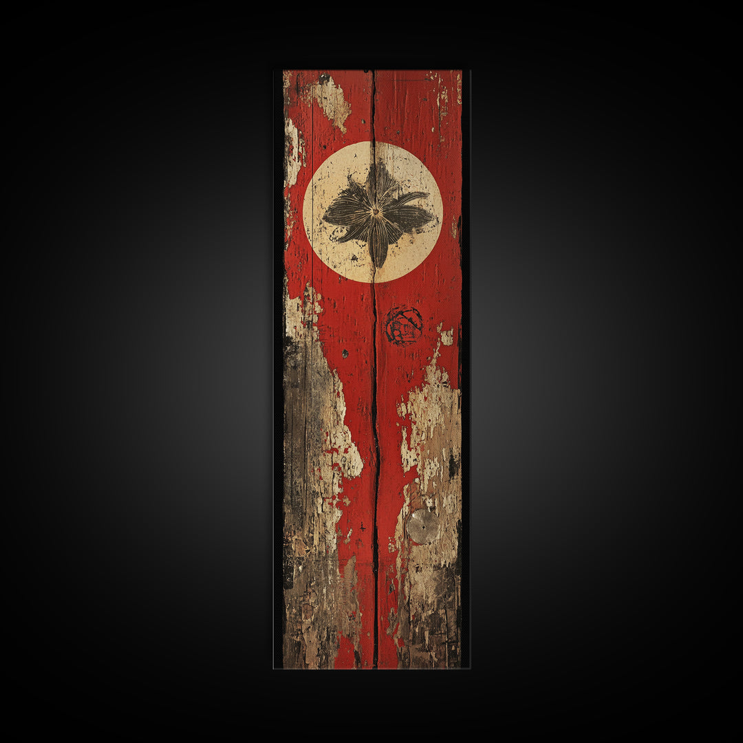 Rustic Red Door With White Sun Wall Art, Weathered Japanese Texture Print, Narrow Vertical Decor, Wabi Sabi Canvas Print