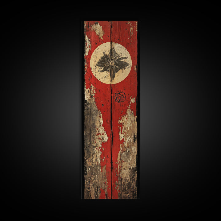 Rustic Red Door With White Sun Wall Art, Weathered Japanese Texture Print, Narrow Vertical Decor, Wabi Sabi Canvas Print