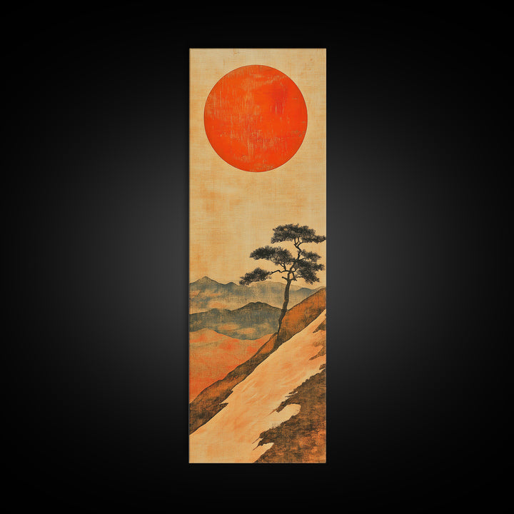 Large Red Sun Over Mountain Ridge Canvas Print, Japanese Landscape Wall Art, Earth Tone Decor, Minimalist Nature Art Print