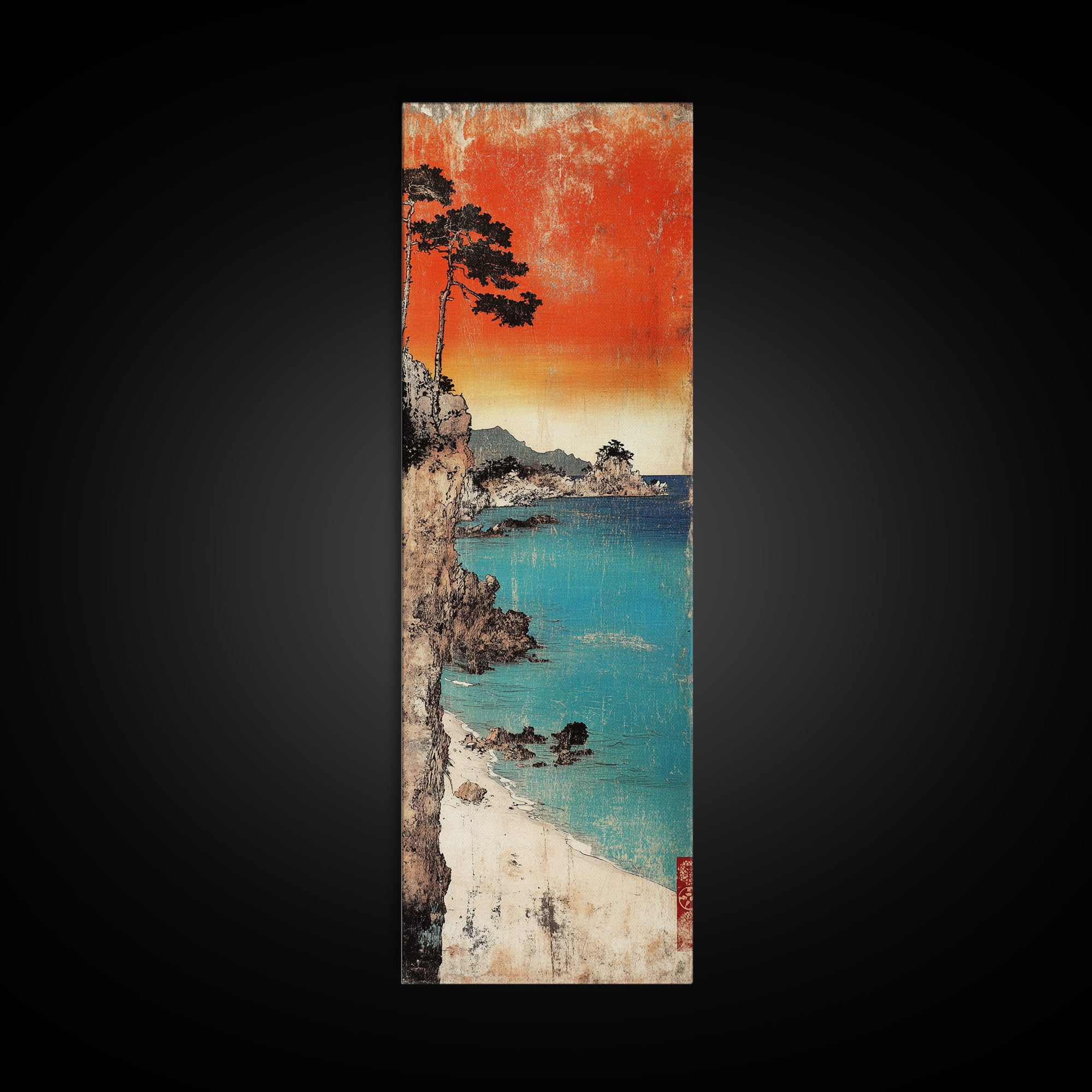 Turquoise Cove And Cliffside Sunset Large Canvas Print, Japanese Coastal Wall Art, Beach House Decor, Vibrant Ocean Art Print
