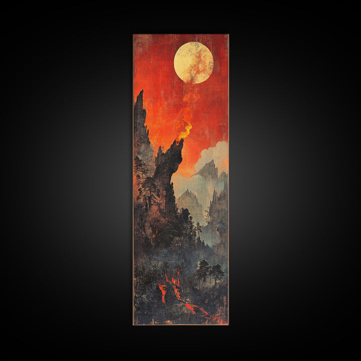 Fiery Moonlit Mountain Landscape Framed Canvas Print, Japanese Fantasy Wall Art, Moody Rustic Decor, Dramatic Nature Art