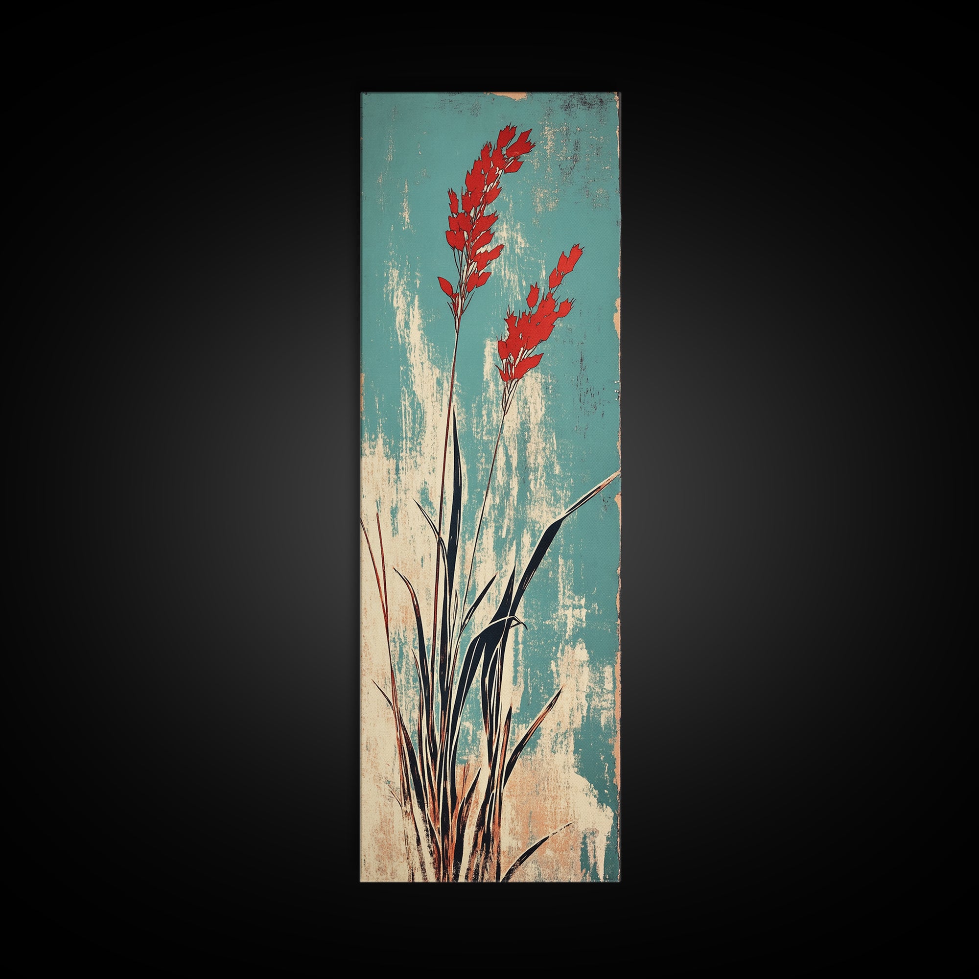 Red Coastal Grass Stems On Aqua Canvas Print, Japanese Botanical Wall Art, Minimalist Nature Decor, Modern Japandi Art Print