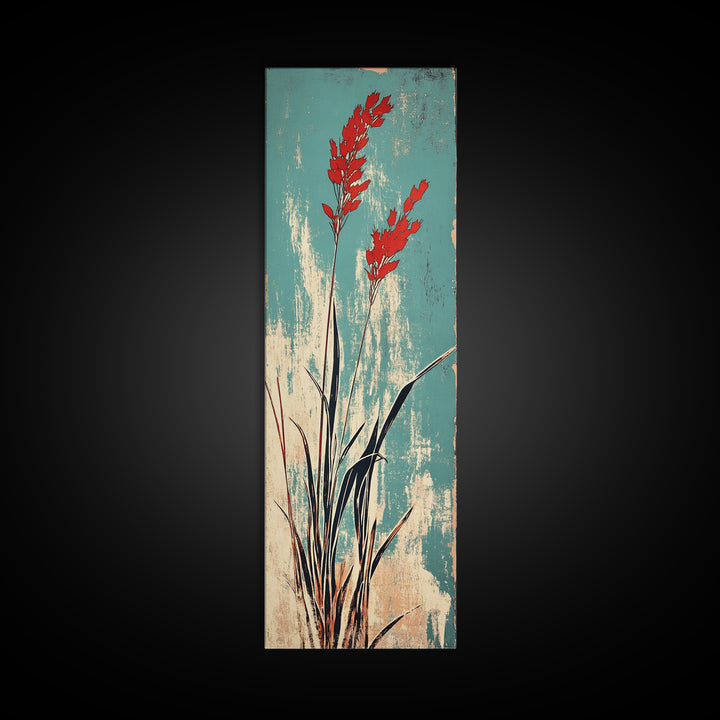 Red Coastal Grass Stems On Aqua Canvas Print, Japanese Botanical Wall Art, Minimalist Nature Decor, Modern Japandi Art Print