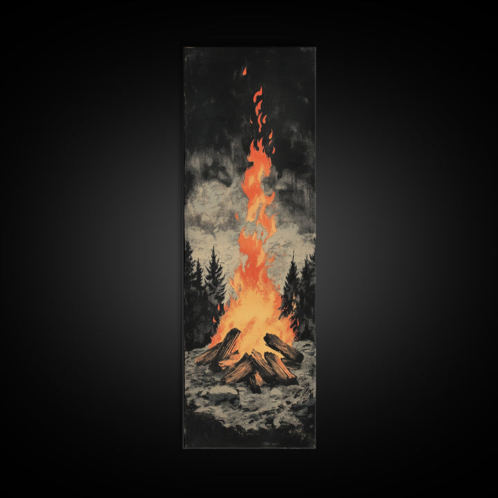 Glowing Campfire In Dark Pine Forest Framed Canvas Print, Rustic Cabin Wall Art, Cozy Lodge Decor, Moody Nature Art Print