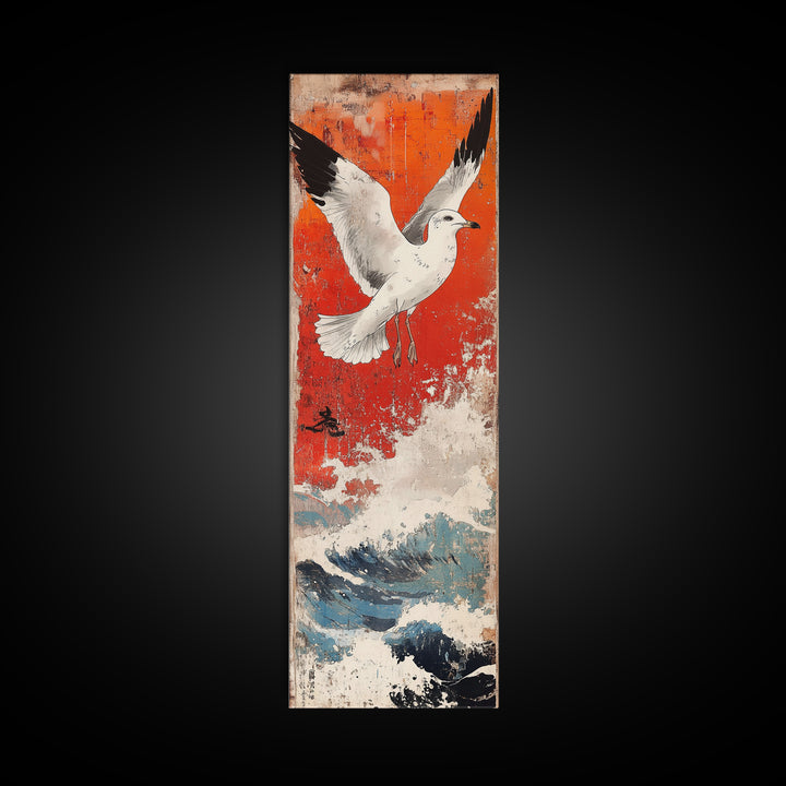 White Seagull Flying Over Ocean Waves Large Wall Art, Japanese Coastal Print, Nautical Beach House Decor, Seascape Art Print