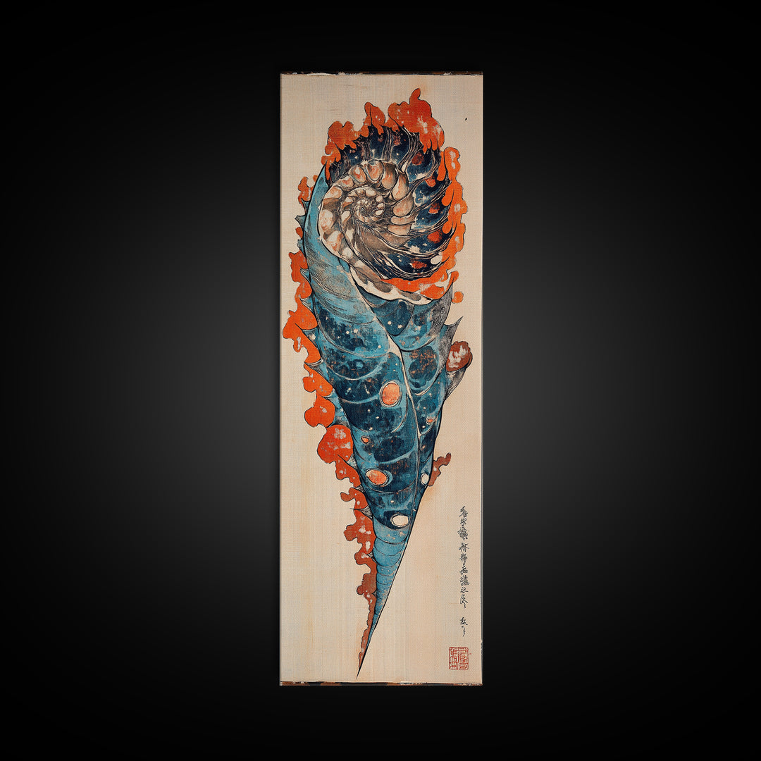 Blue Orange Spiral Seashell Wall Art, Japanese Woodblock Coastal Canvas Wall Decor, Nautical Ocean Print For Beach House