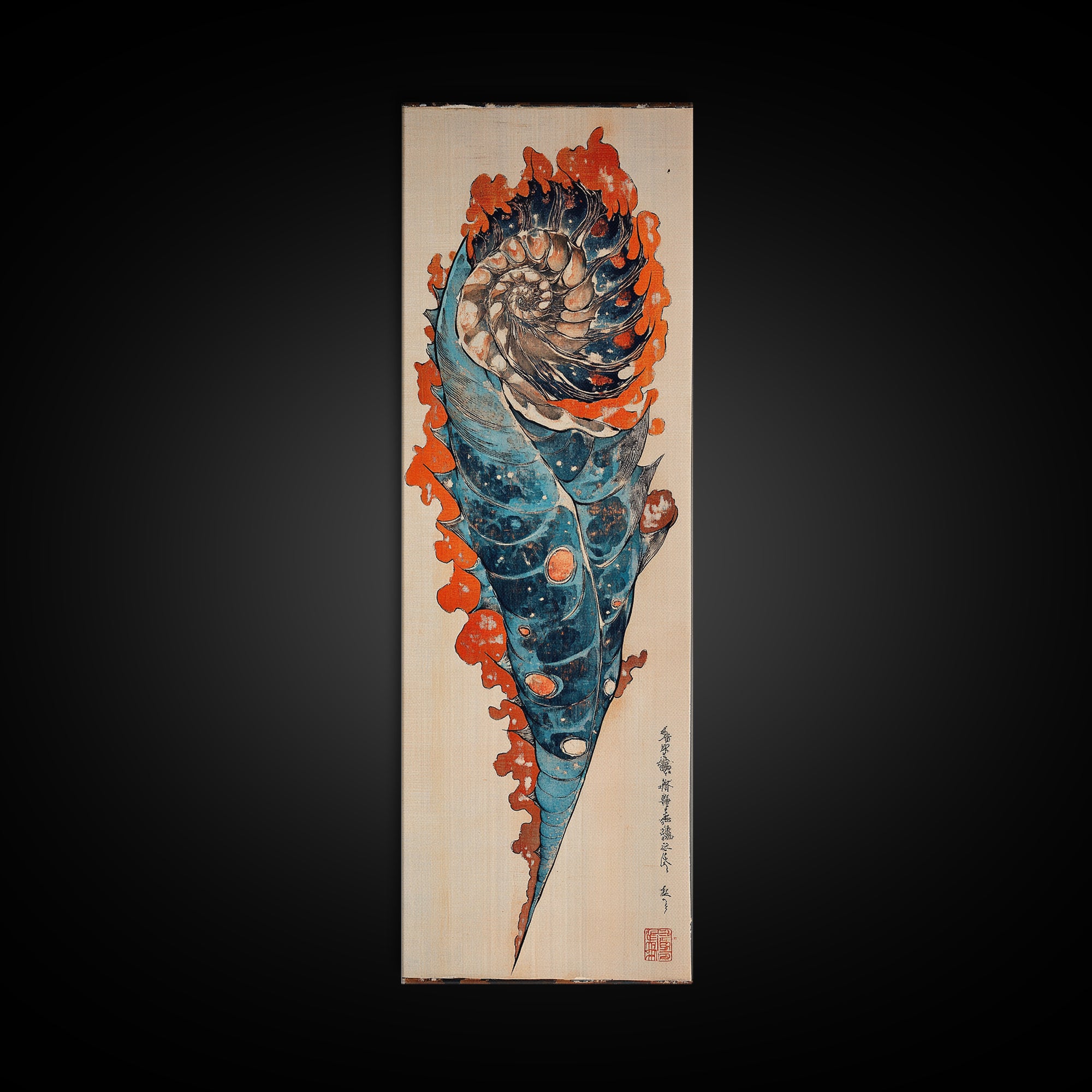 Blue Orange Spiral Seashell Wall Art, Japanese Woodblock Coastal Canvas Wall Decor, Nautical Ocean Print For Beach House
