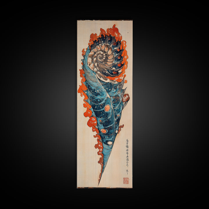 Blue Orange Spiral Seashell Wall Art, Japanese Woodblock Coastal Canvas Wall Decor, Nautical Ocean Print For Beach House