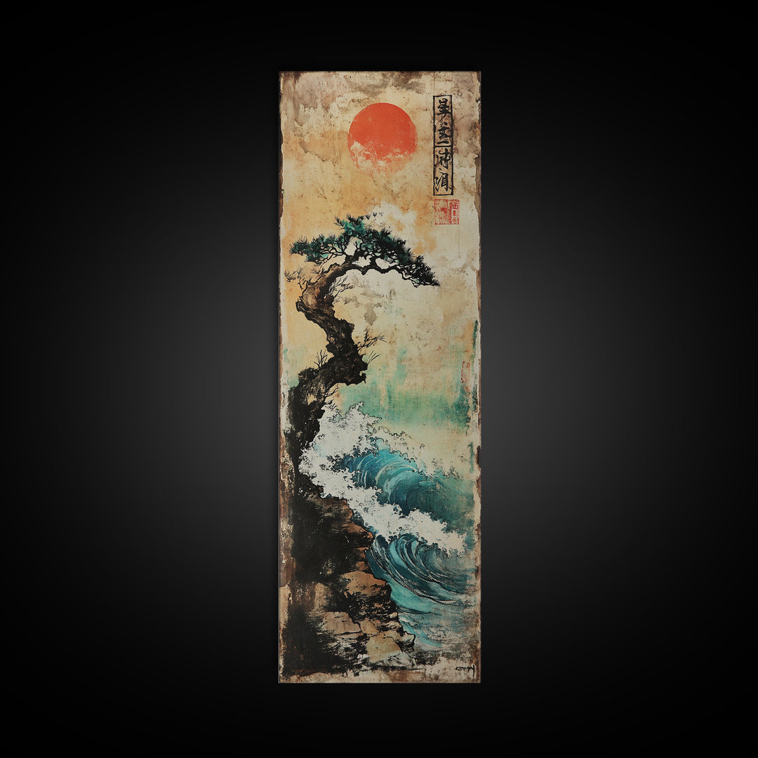 Red Sun Pine Cliff Seascape Wall Art, Japanese Wave Landscape Print, Coastal Zen Decor For Living Room And Office, Modern Home Decor