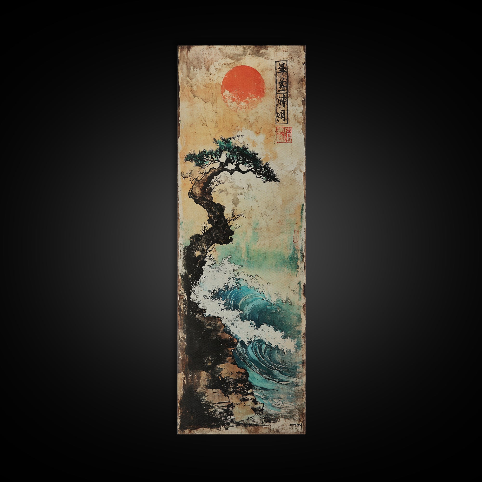 Red Sun Pine Cliff Seascape Wall Art, Japanese Wave Landscape Print, Coastal Zen Decor For Living Room And Office, Modern Home Decor