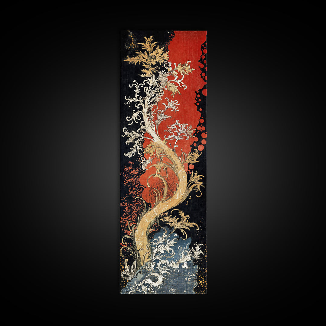 Golden Fantasy Tree With Waves Canvas Print, Art Nouveau Asian Inspired Wall Decor, Dramatic Red Black Living Room Art, Statement Artwork