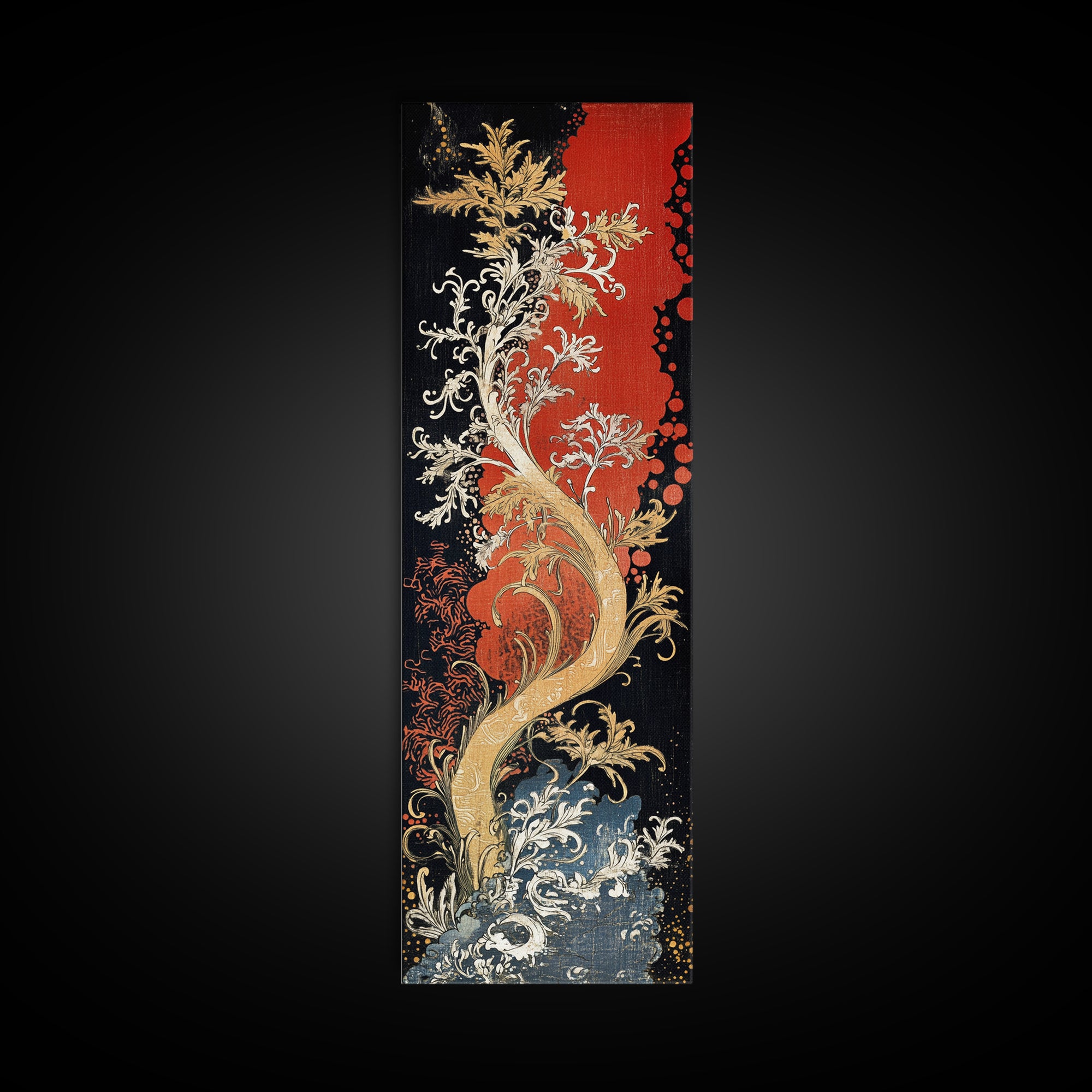 Golden Fantasy Tree With Waves Canvas Print, Art Nouveau Asian Inspired Wall Decor, Dramatic Red Black Living Room Art, Statement Artwork