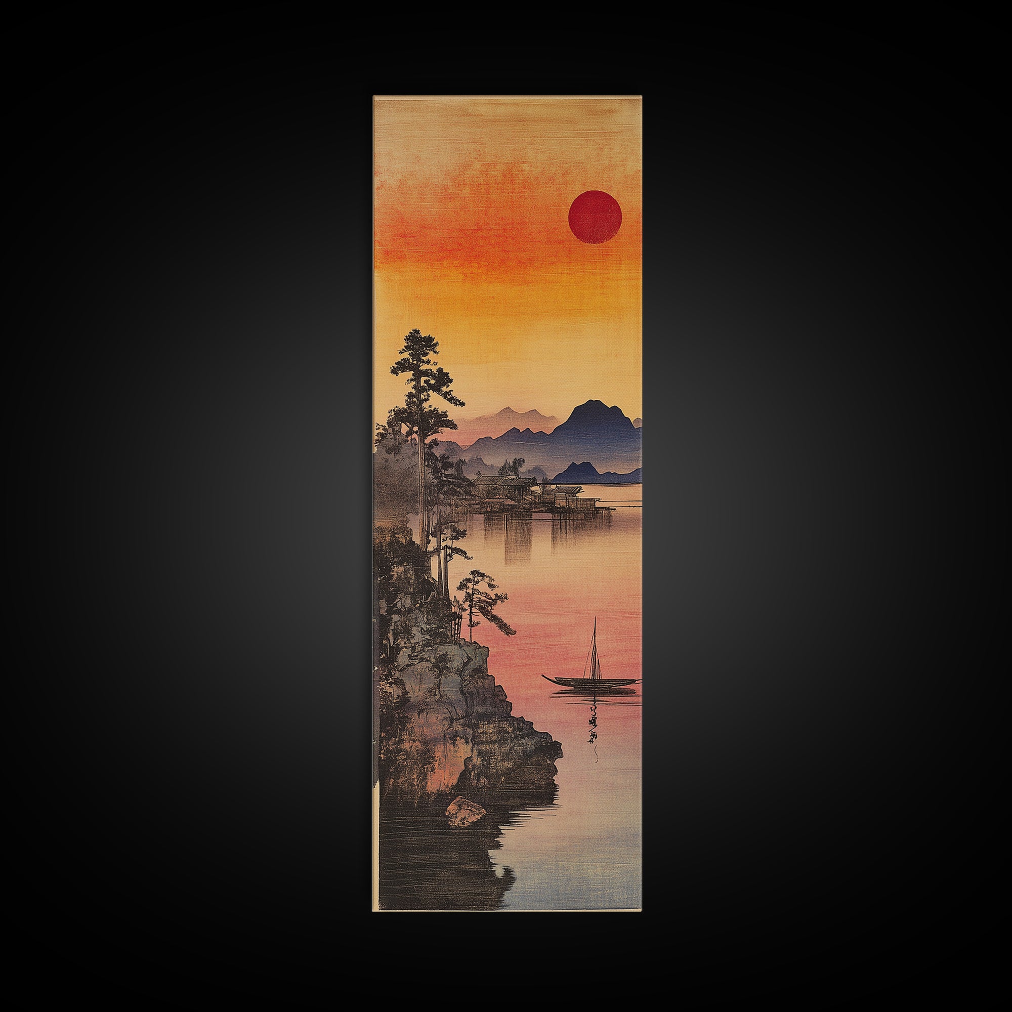 Orange Sunset Lake Mountain Wall Art, Japanese Landscape Print, Serene Nature Decor For Bedroom And Living Room, Framed Canvas Print