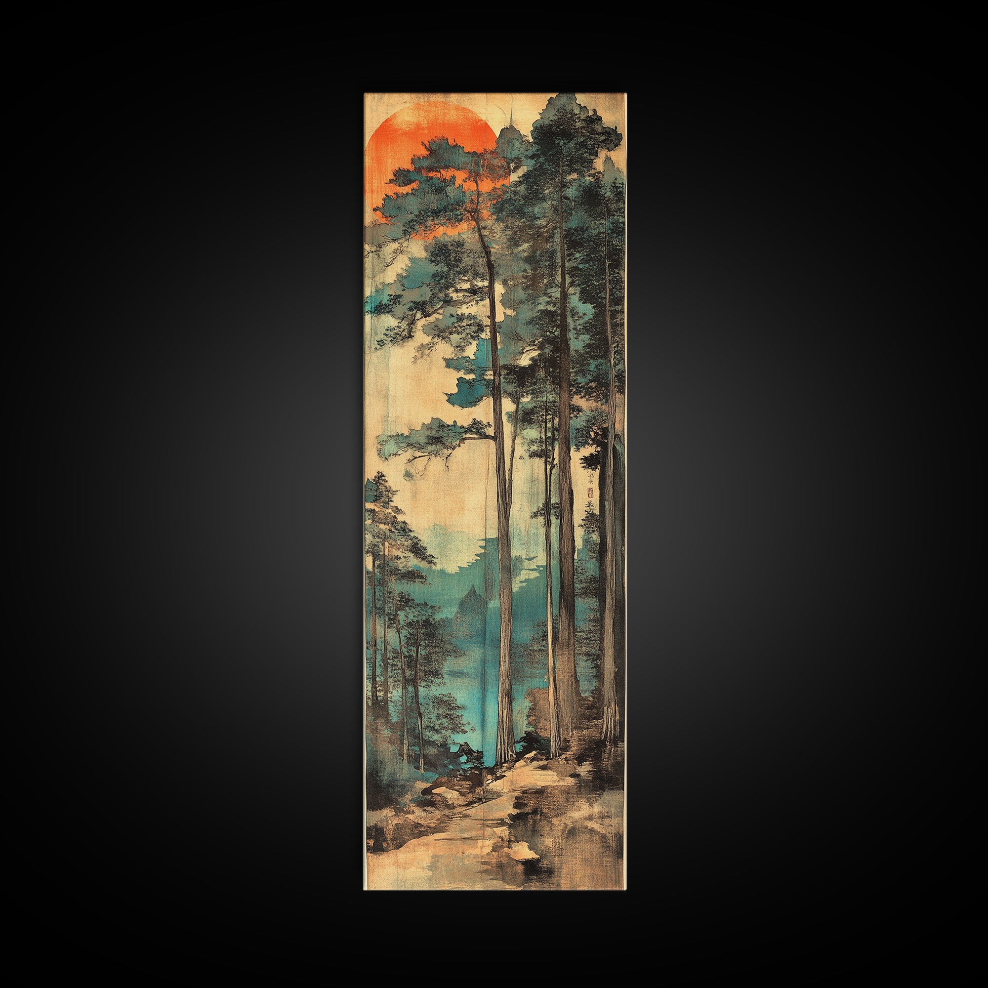 Tall Pine Forest Sunrise Wall Art, Japanese Woodblock Landscape Print, Misty Mountain Nature Decor For Living Room And Office Decor