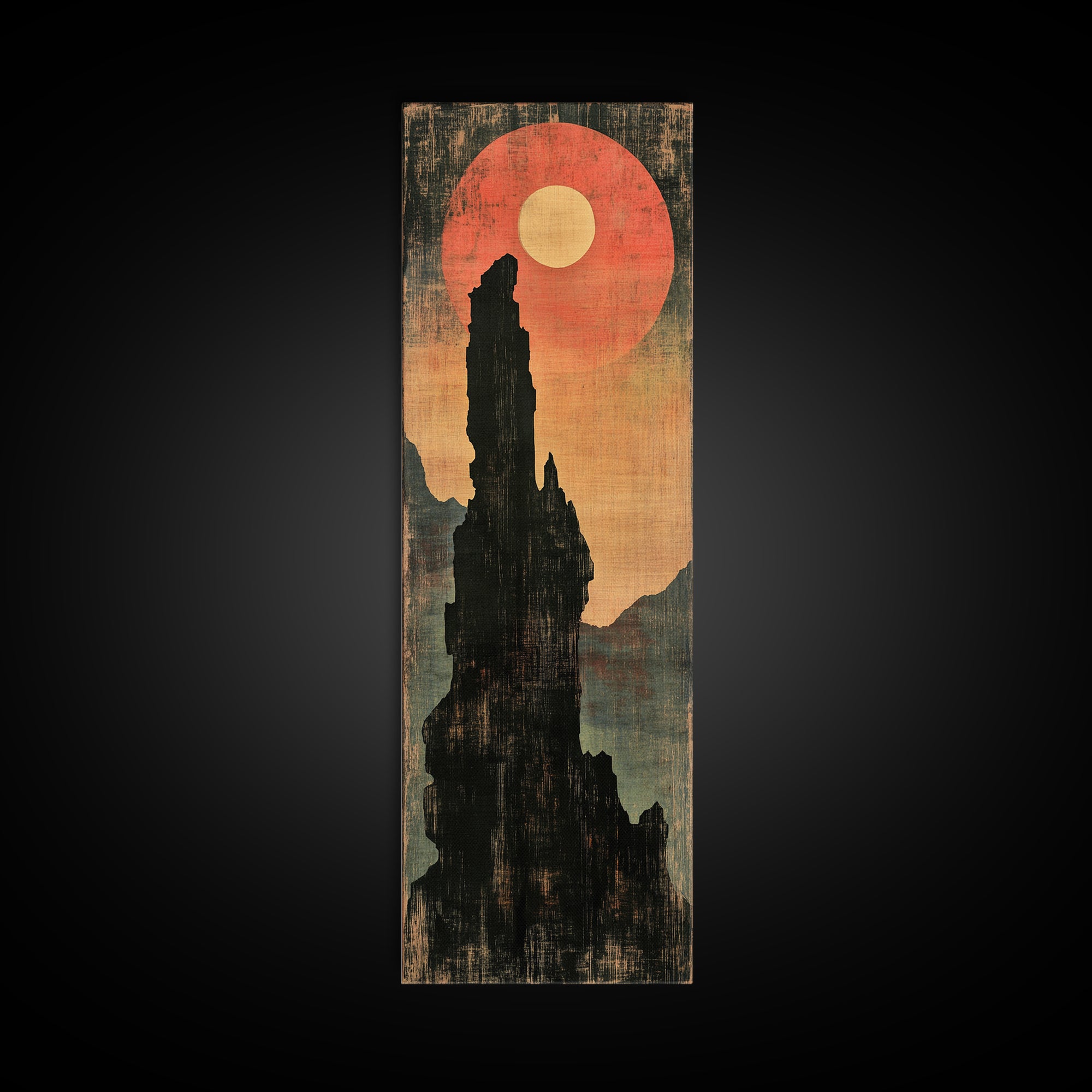 Black Rock Spire Eclipse Wall Art, Moody Japanese Mountain Landscape Print, Dark Academia Decor For Modern Living Room, Canvas Print