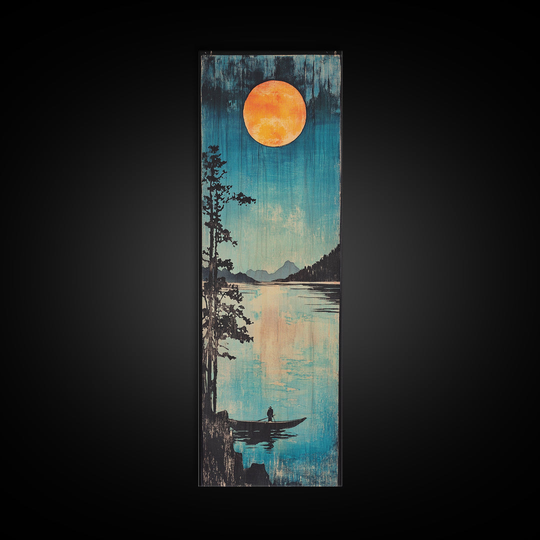 Orange Full Moon Over Mountain Lake Canvas Print, Serene Canoe Landscape Art, Japandi Wall Decor, Calming Bedroom Decor Gift