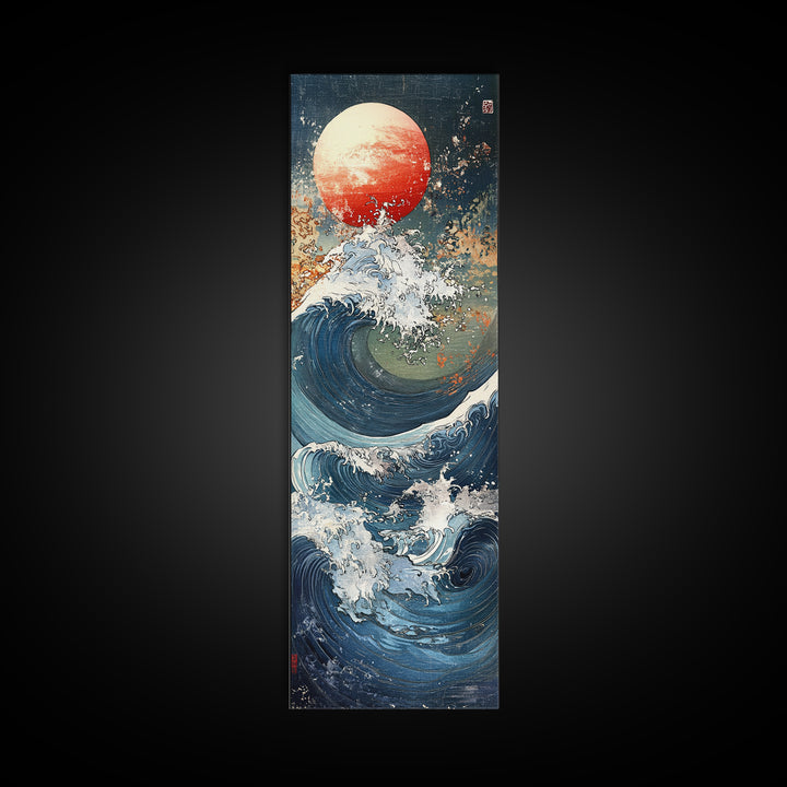 Great Wave With Red Sun Framed Canvas Print, Japanese Wall Art, Ocean Seascape, Nautical Decor, Bold Coastal Gift, Living Room Wall Decor