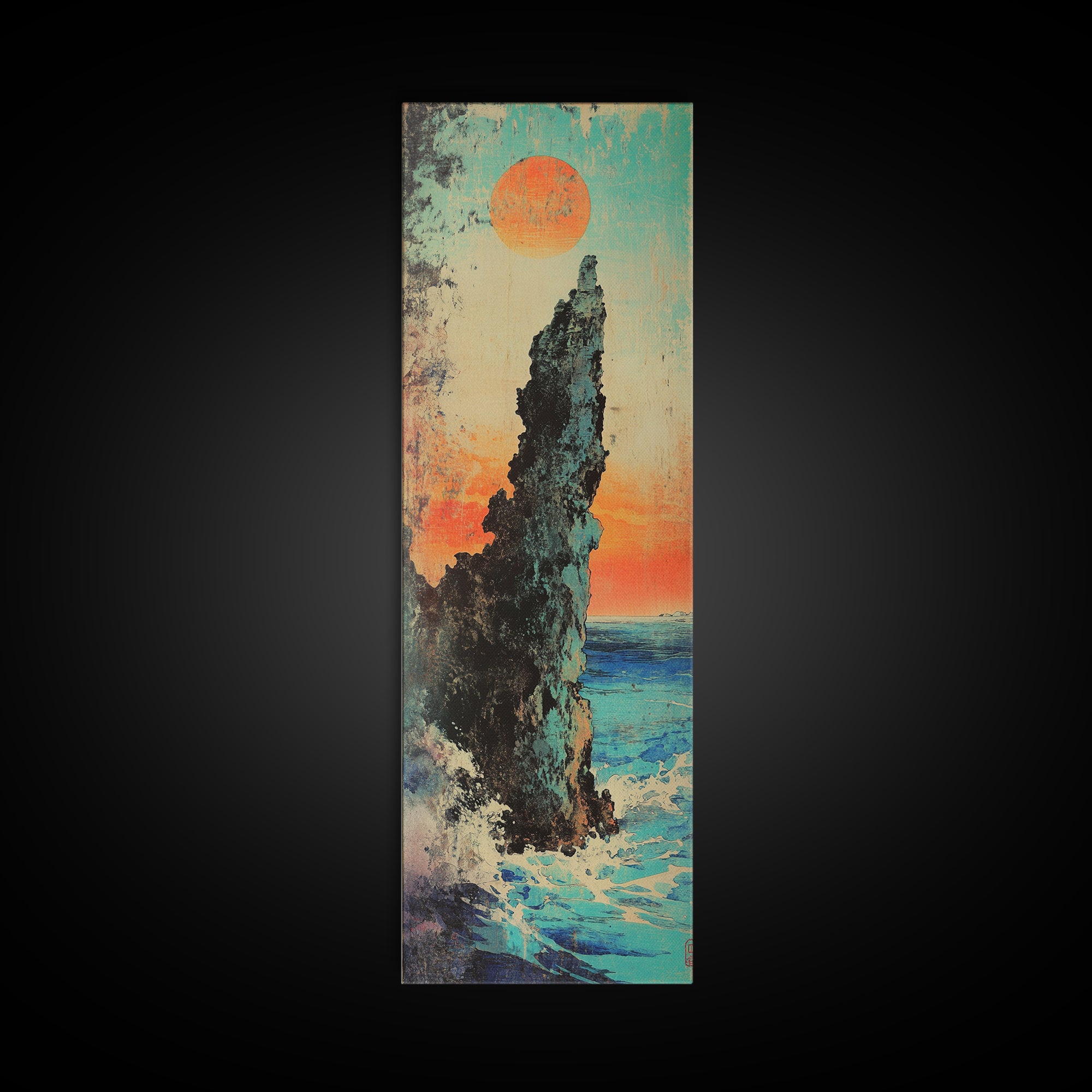 Dramatic Sea Stack At Sunset Wall Art, Japanese Coastal Landscape Print, Ocean Cliff Decor, Tall Narrow Canvas Gift, Living Room Decor