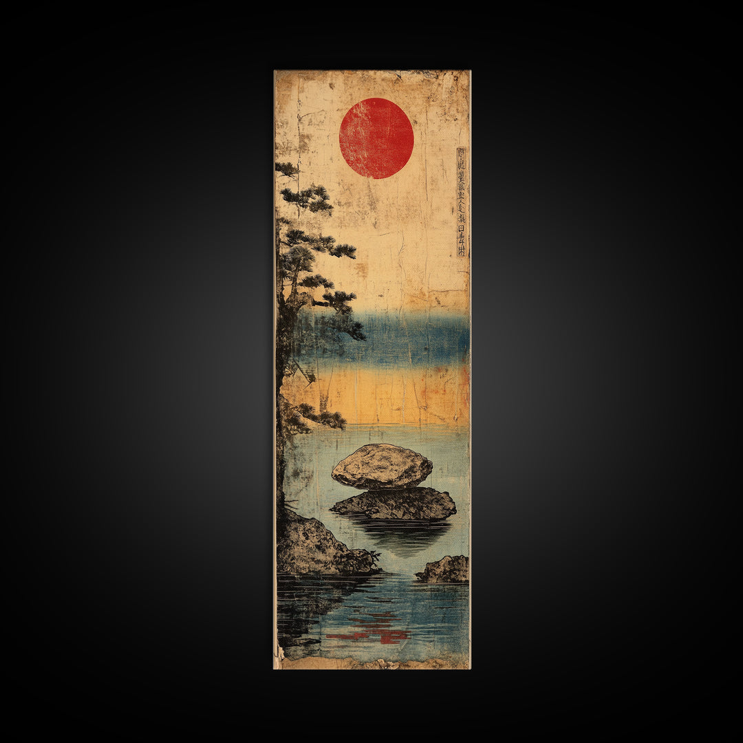 Misty Lake Rocks With Red Sun Wall Art, Japanese Landscape Print, Zen Coastal Decor, Japandi Living Room Wall Decor Gift
