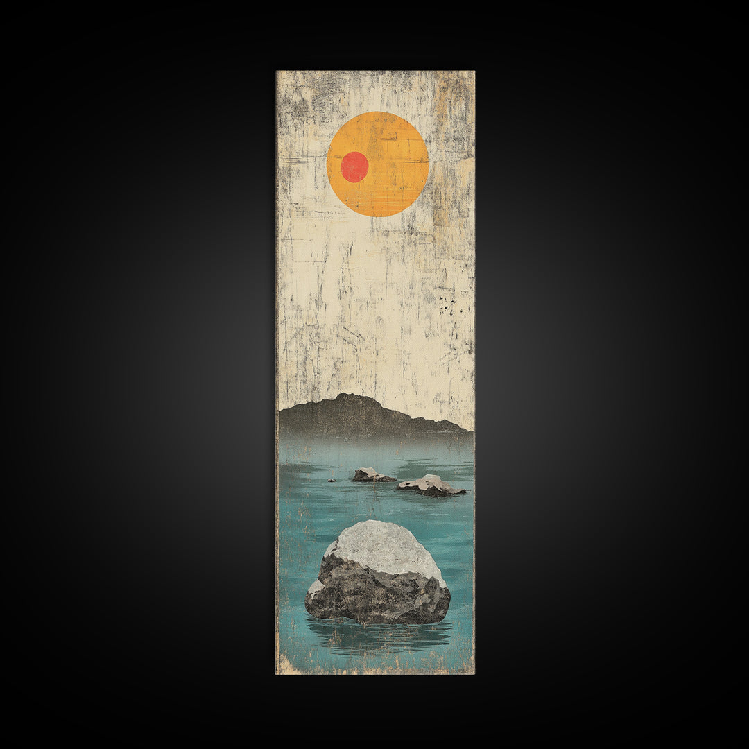 Minimal Ocean Rocks Beneath Yellow Sun Canvas Print, Japanese Seascape Wall Art, Neutral Coastal Decor, Zen Home Decor Gift