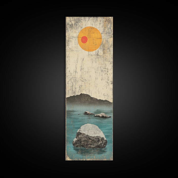 Minimal Ocean Rocks Beneath Yellow Sun Canvas Print, Japanese Seascape Wall Art, Neutral Coastal Decor, Zen Home Decor Gift