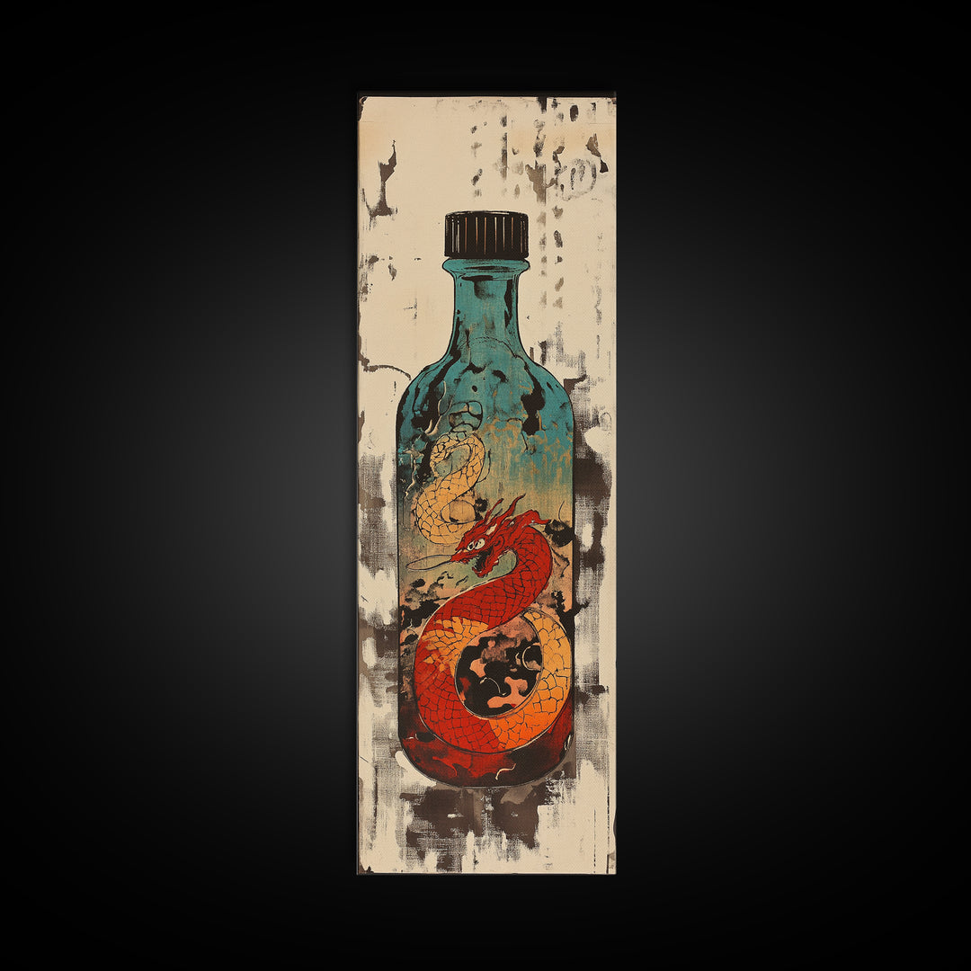 Red Dragon In Glass Bottle Wall Art, Japanese Fantasy Ocean Print, Nautical Decor, Unique Gift For Him, Asian Art, Statement Wall Decor