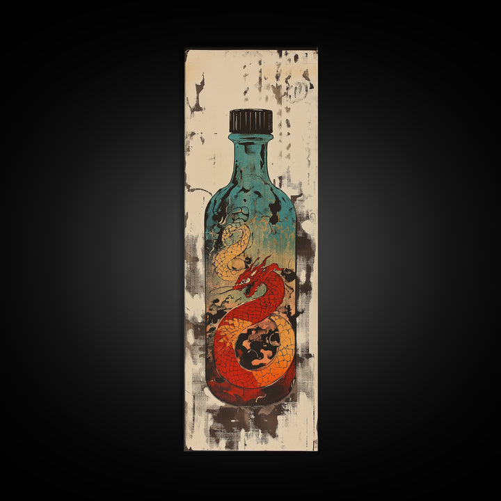 Red Dragon In Glass Bottle Wall Art, Japanese Fantasy Ocean Print, Nautical Decor, Unique Gift For Him, Asian Art, Statement Wall Decor