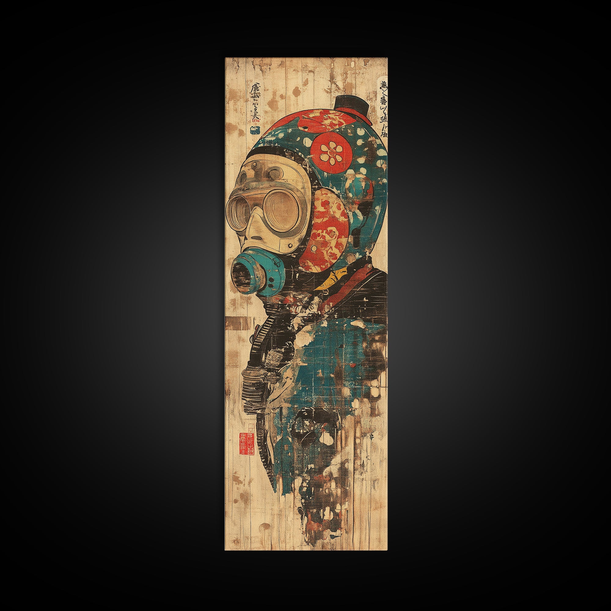 Steampunk Gas Mask Diver Helmet Framed Canvas Print, Japanese Cyberpunk Wall Art, Industrial Decor, Sci Fi Gift For Him Poster