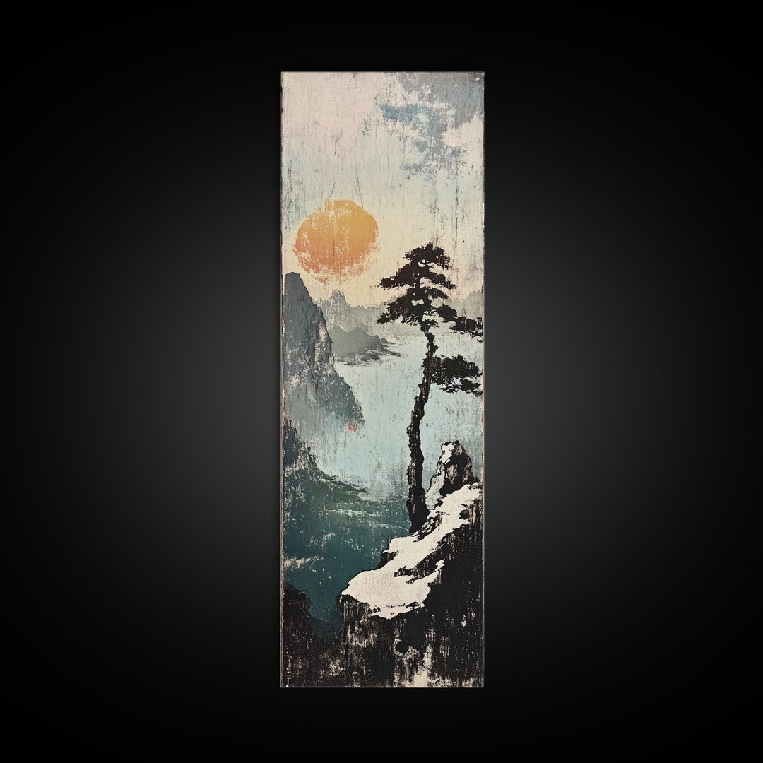 Misty Cliff Pine Lake Canvas Print, Japanese Landscape Wall Art, Neutral Nature Poster, Zen Home Decor, Office Wall Decor