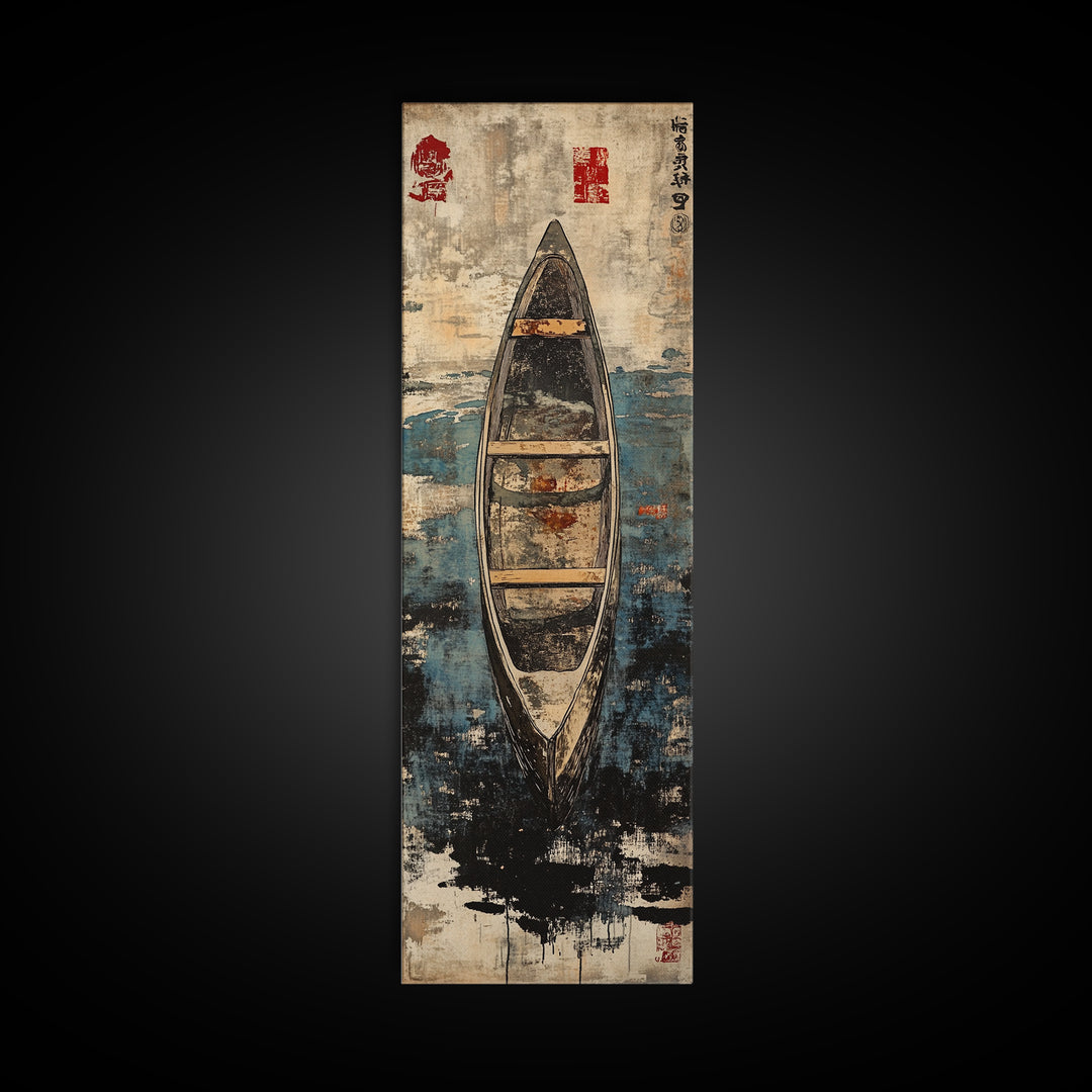 Weathered Canoe On Deep Blue Water Canvas Print, Coastal Boat Wall Decor, Nautical Lake House Art Print, Rustic Home Decor