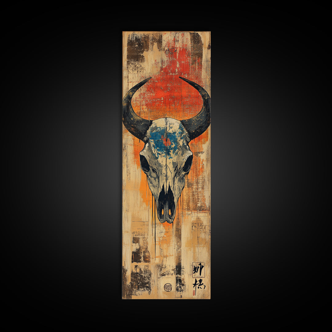 Western Bull Skull On Distressed Wood Wall Art, Rustic Cowboy Decor, Southwestern Canvas Print, Ranch Housewarming Gift Art