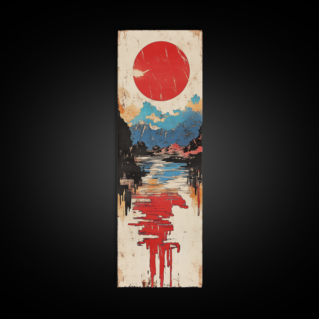 Red Sun Over Reflective Lake Wall Art, Japanese Landscape Print, Modern Coastal Decor, Serene Living Room Canvas Print, Home Decor