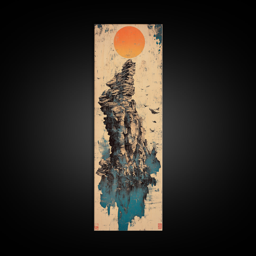 Rocky Sea Stack Under Orange Sun Wall Art, Japanese Landscape Canvas Print, Coastal Nature Decor, Minimalist Home Decor Art