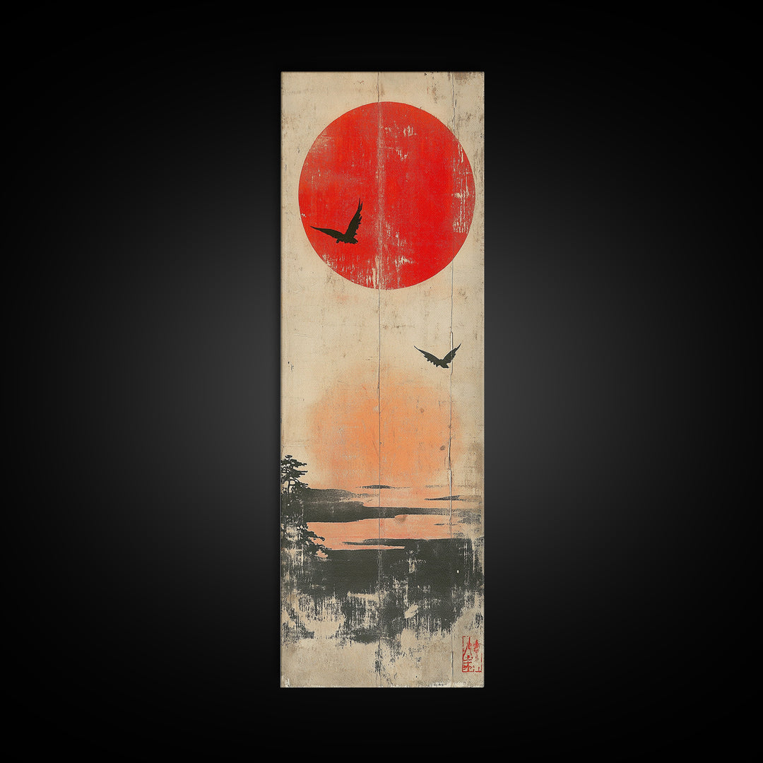 Red Sun And Birds Over Misty Lake Wall Art, Japanese Landscape Print, Minimalist Nature Decor, Serene Canvas Print, Home Decor