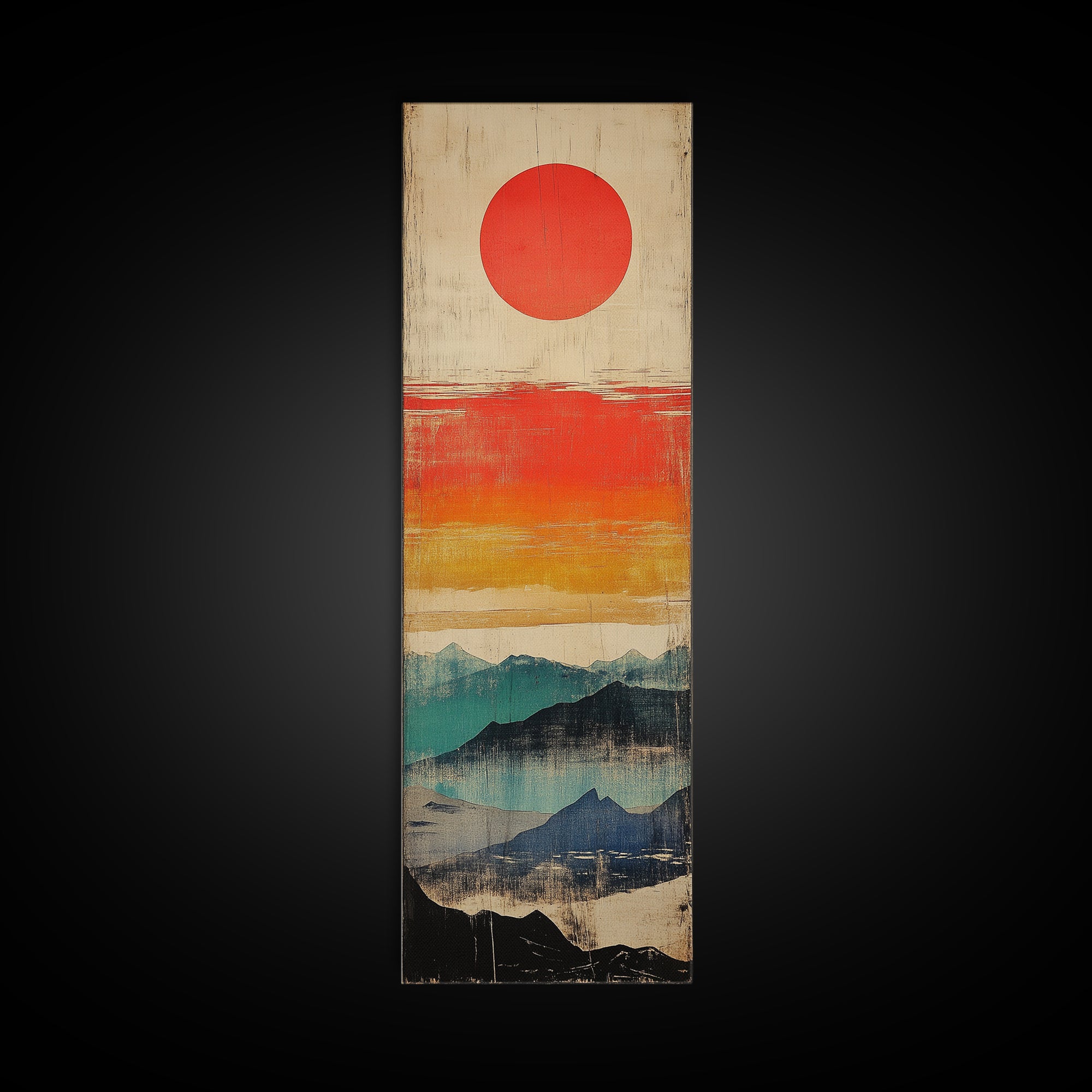 Red Sun Above Layered Blue Mountains Wall Art, Japanese Landscape Canvas Print, Mid Century Decor, Modern Living Room Art