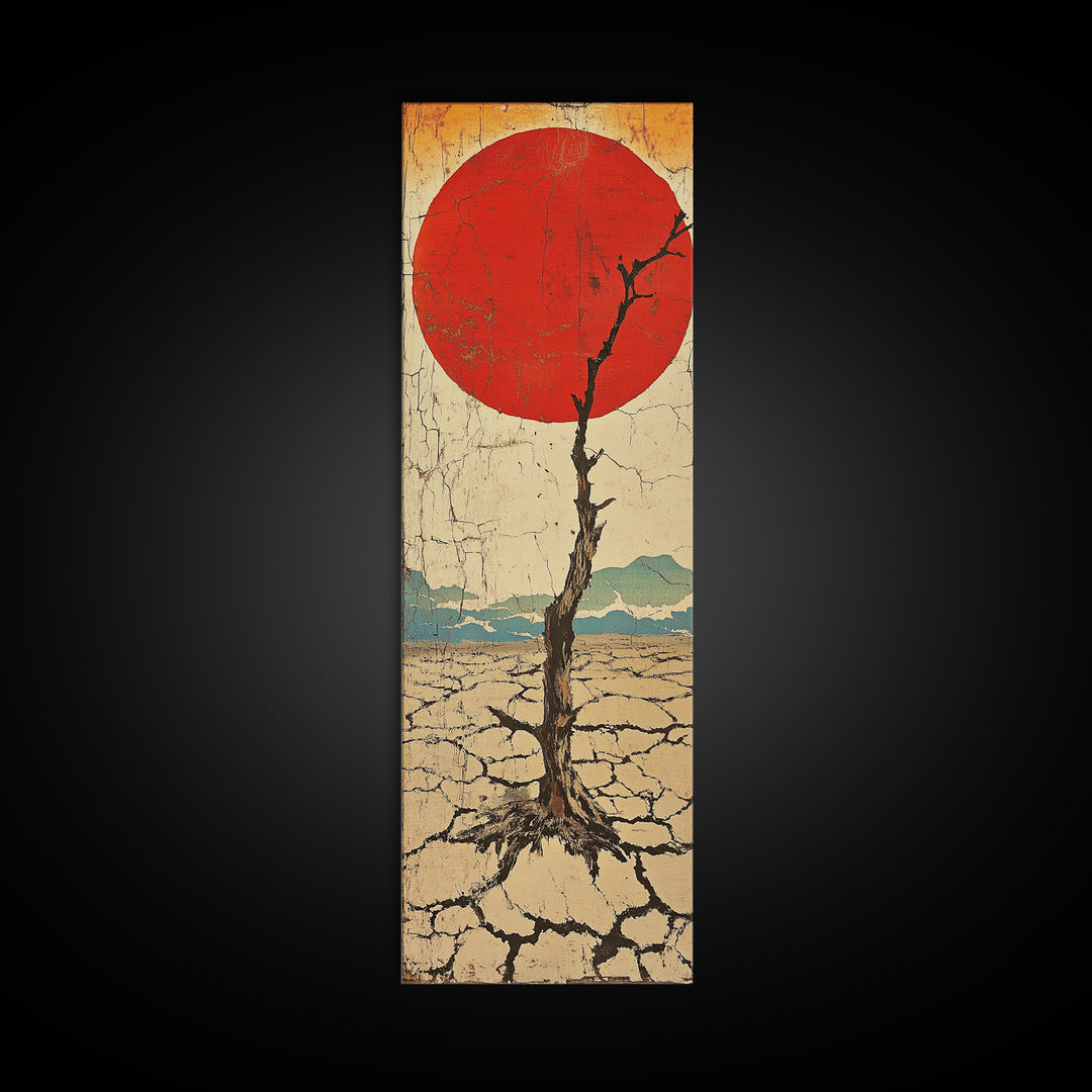 Red Sun Desert Tree Wall Art, Japanese Inspired Landscape Print, Rustic Wabi Sabi Decor, Long Narrow Canvas For Living Room