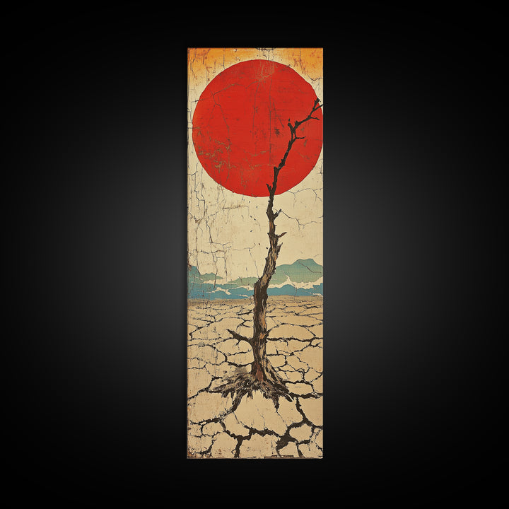 Red Sun Desert Tree Wall Art, Japanese Inspired Landscape Print, Rustic Wabi Sabi Decor, Long Narrow Canvas For Living Room