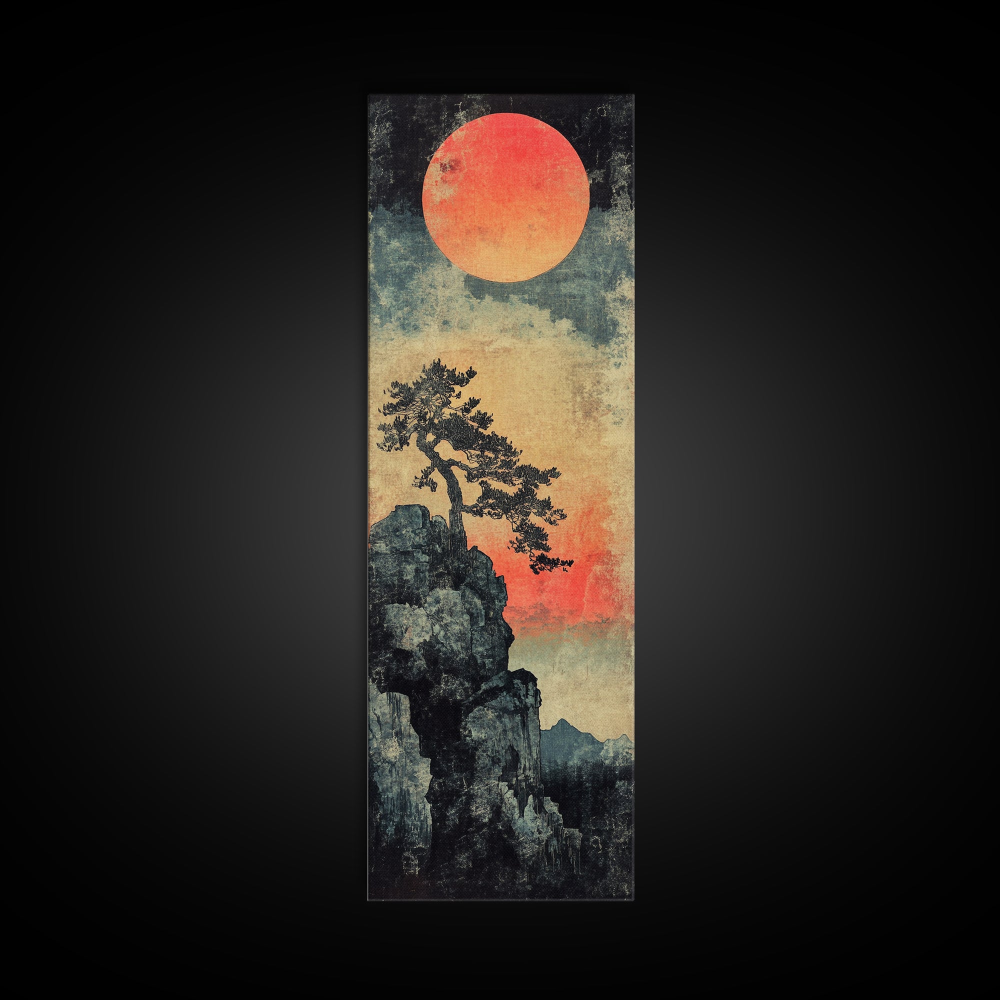 Cliff Pine Red Sun Framed Canvas Print, Japanese Landscape Wall Decor, Moody Nature Art, Vertical Poster For Living Room