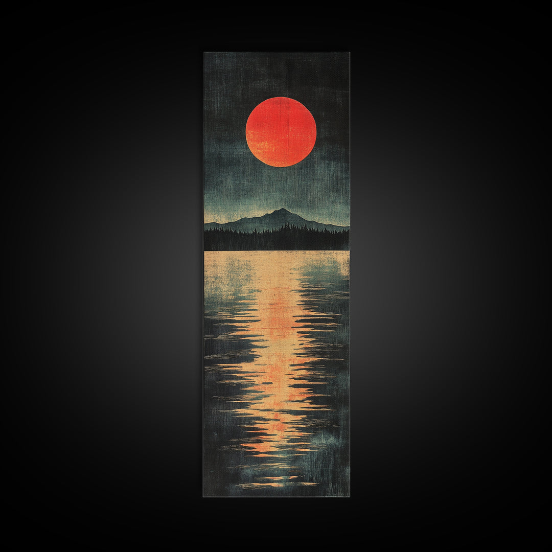Red Sun Mountain Lake Canvas Print, Japanese Landscape Wall Decor, Moody Reflection Art, Long Narrow Poster For Modern Living Room