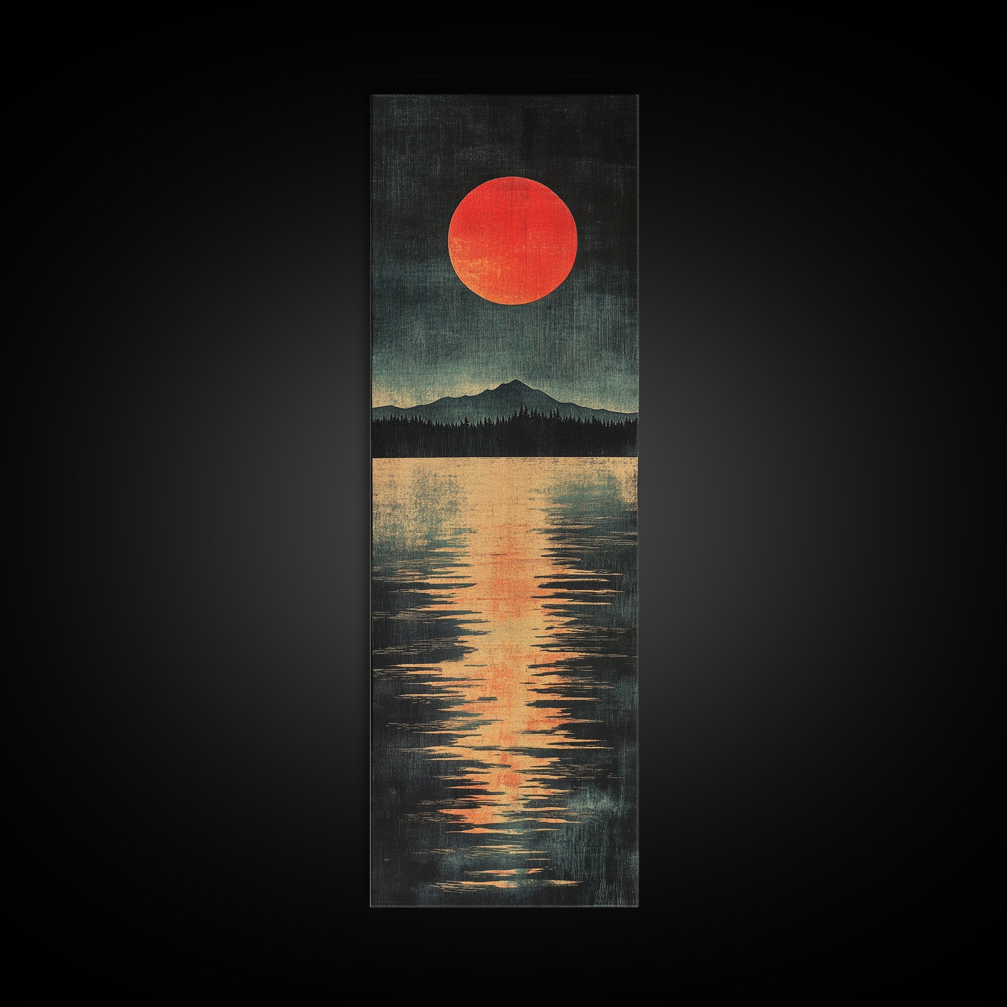 Red Sun Mountain Lake Canvas Print, Japanese Landscape Wall Decor, Moody Reflection Art, Long Narrow Poster For Modern Living Room