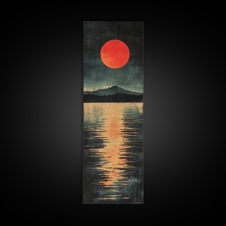 Red Sun Mountain Lake Canvas Print, Japanese Landscape Wall Decor, Moody Reflection Art, Long Narrow Poster For Modern Living Room
