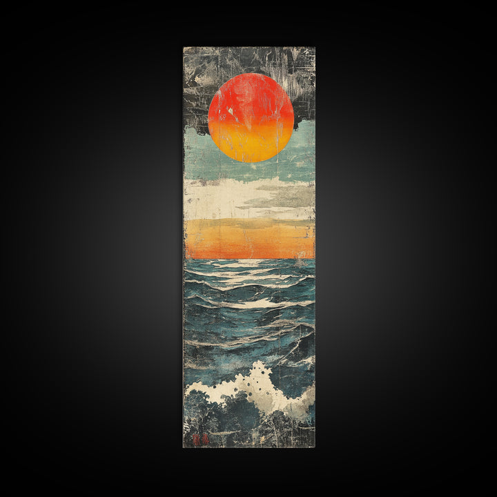 Abstract Ocean Sunset Wall Art, Red Sun Seascape Print, Coastal Wall Decor, Textured Wave Poster For Beach House Living Room