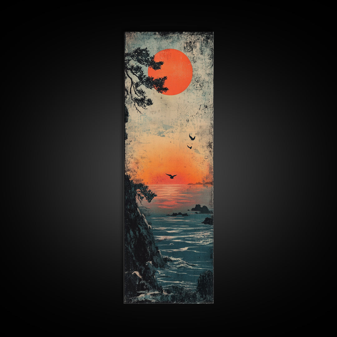 Coastal Cliff Red Sun Framed Canvas Print, Japanese Seascape Wall Art, Moody Ocean Decor, Bird Poster For Bedroom Or Office