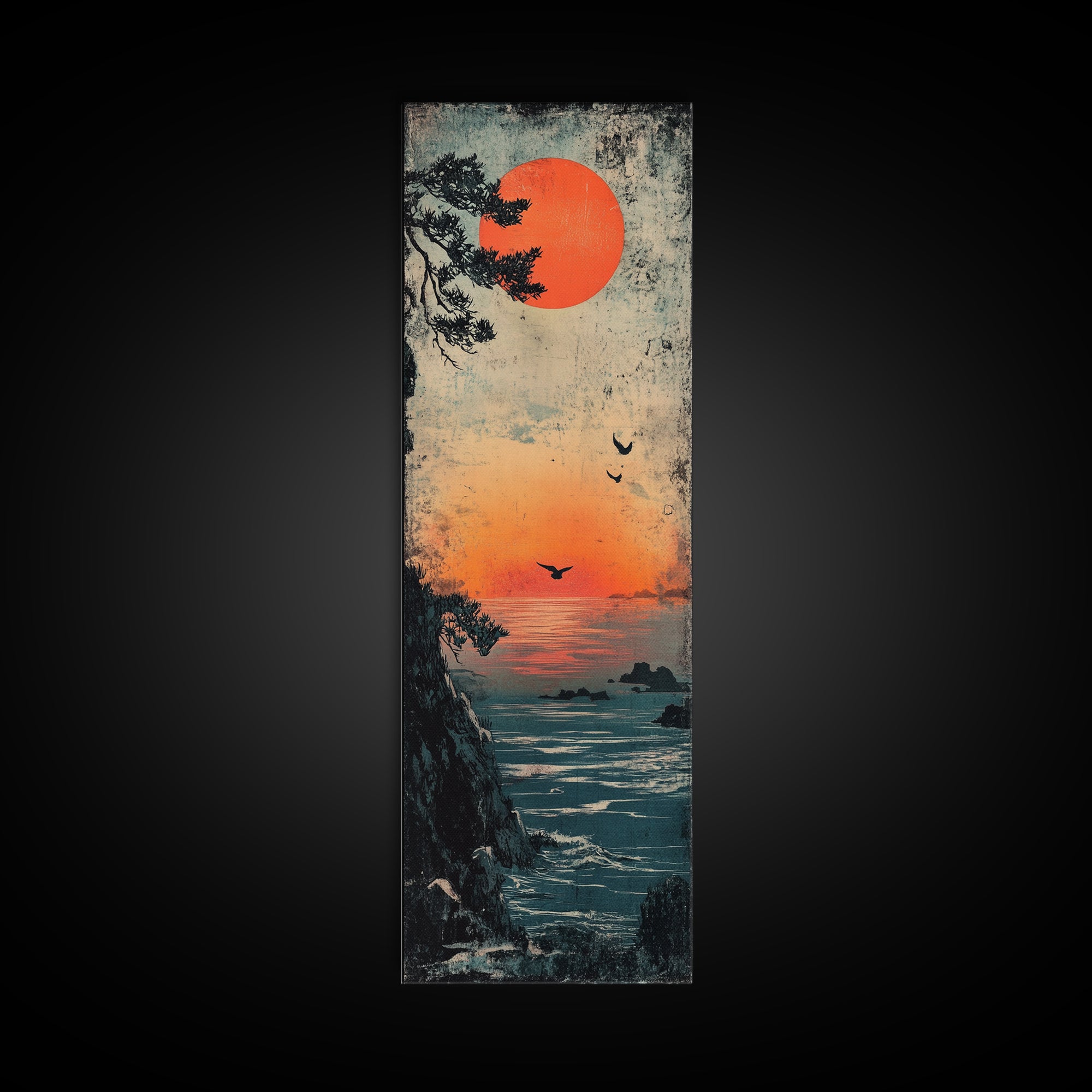 Coastal Cliff Red Sun Framed Canvas Print, Japanese Seascape Wall Art, Moody Ocean Decor, Bird Poster For Bedroom Or Office