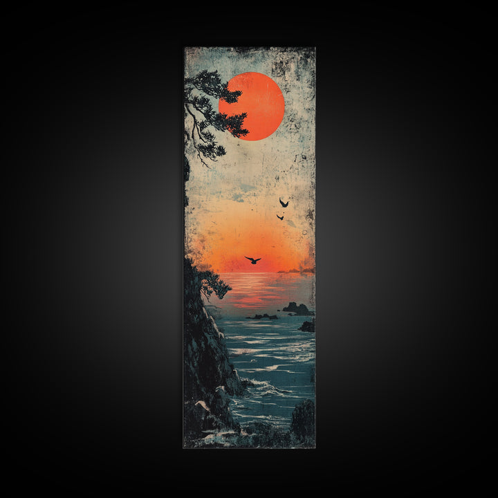 Coastal Cliff Red Sun Framed Canvas Print, Japanese Seascape Wall Art, Moody Ocean Decor, Bird Poster For Bedroom Or Office
