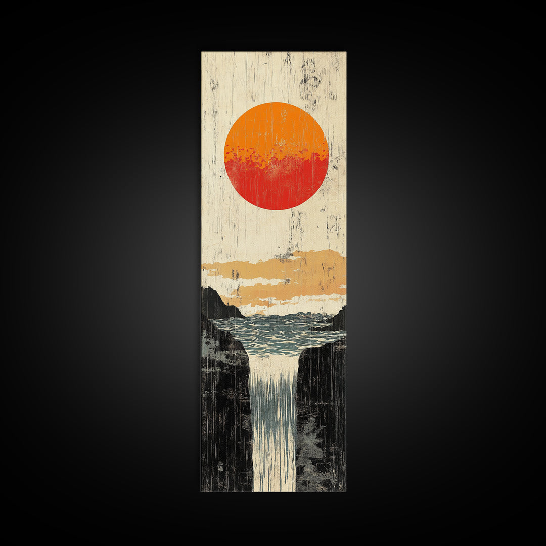 Orange Sun Waterfall Canvas Print, Japanese Cliff Landscape Wall Decor, Nature Poster, Wabi Sabi Art For Bathroom Or Office