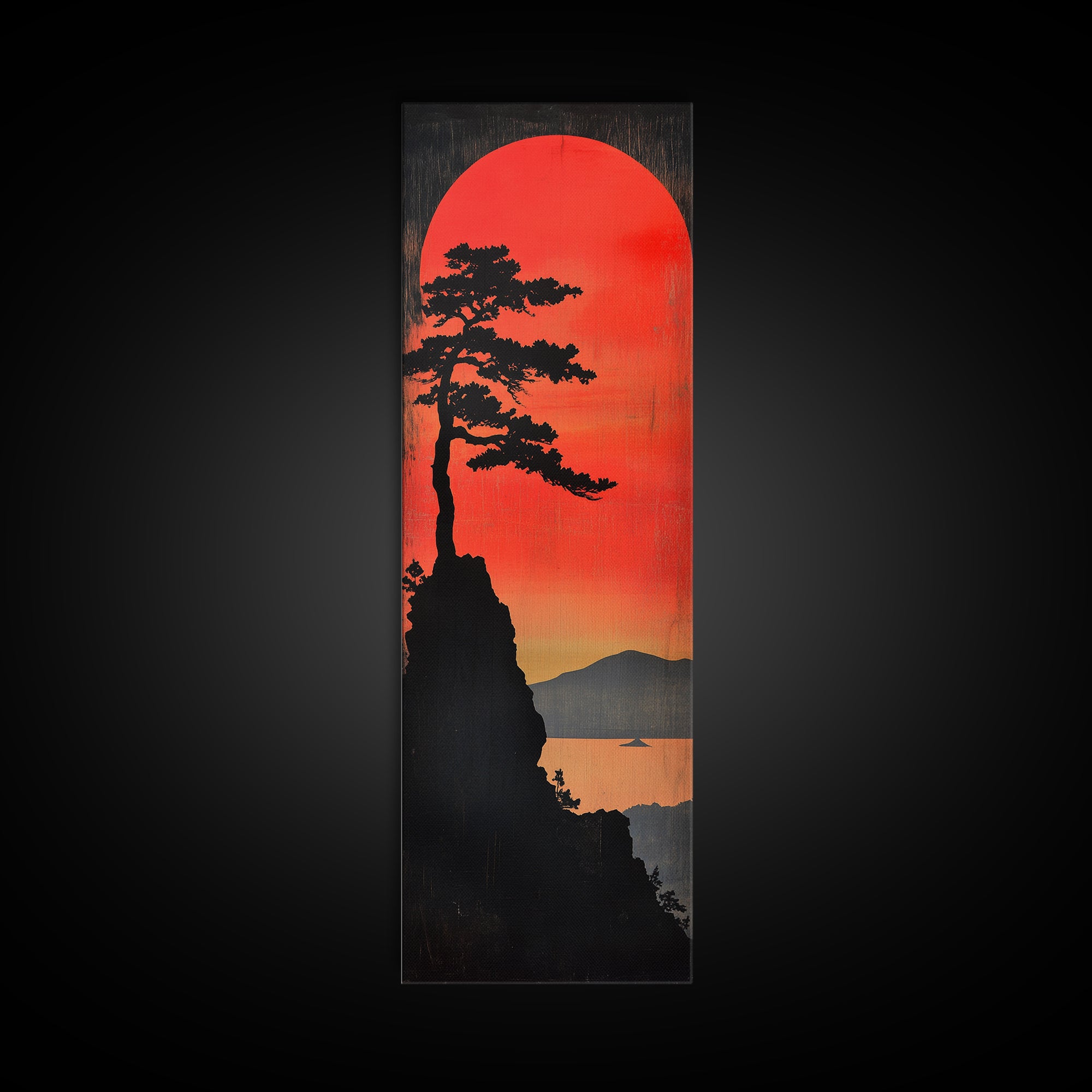 Pine Silhouette Red Sun Wall Art, Japanese Lake Landscape Print, Moody Nature Decor, Long Narrow Canvas For Modern Living Room