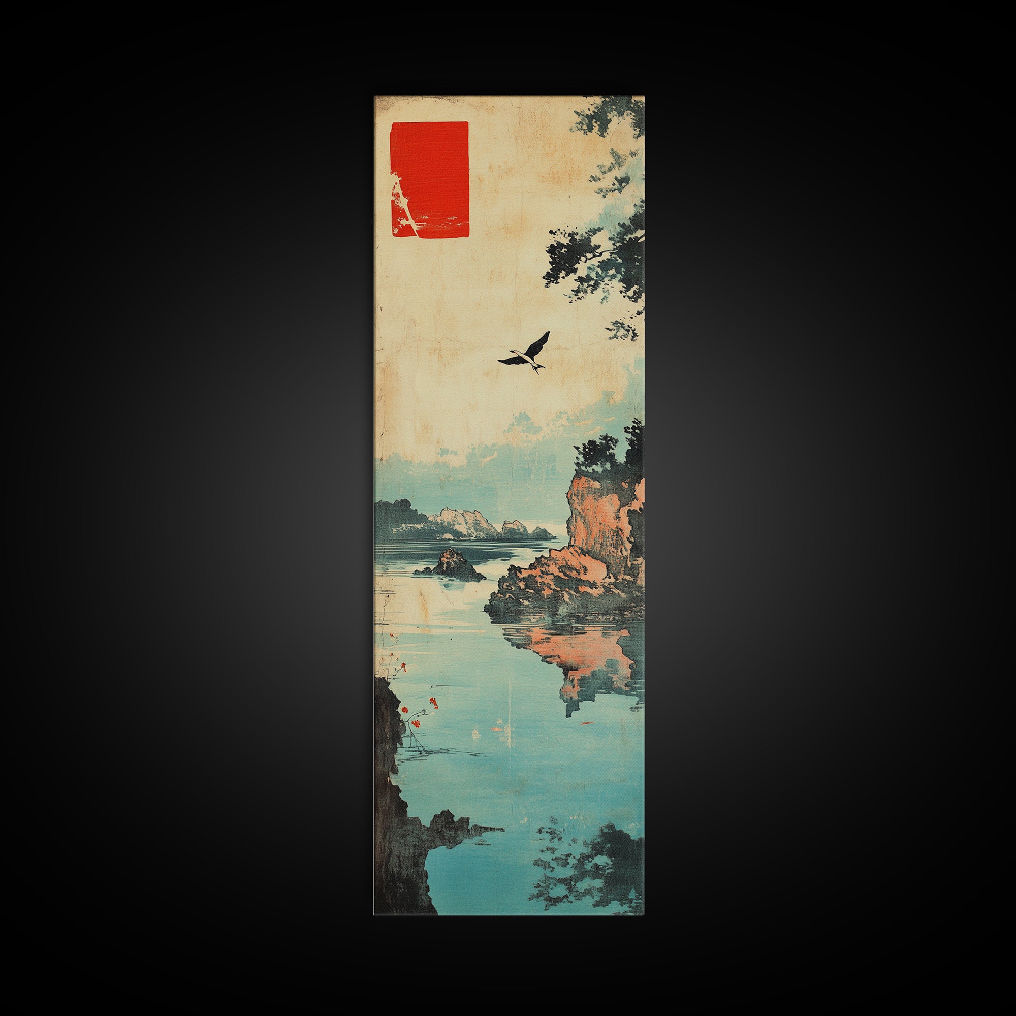 Quiet Japanese Coast With Bird Wall Art, Ukiyo E Landscape Print, Asian Inspired Decor, Tranquil Lake Home Decor For Living Room