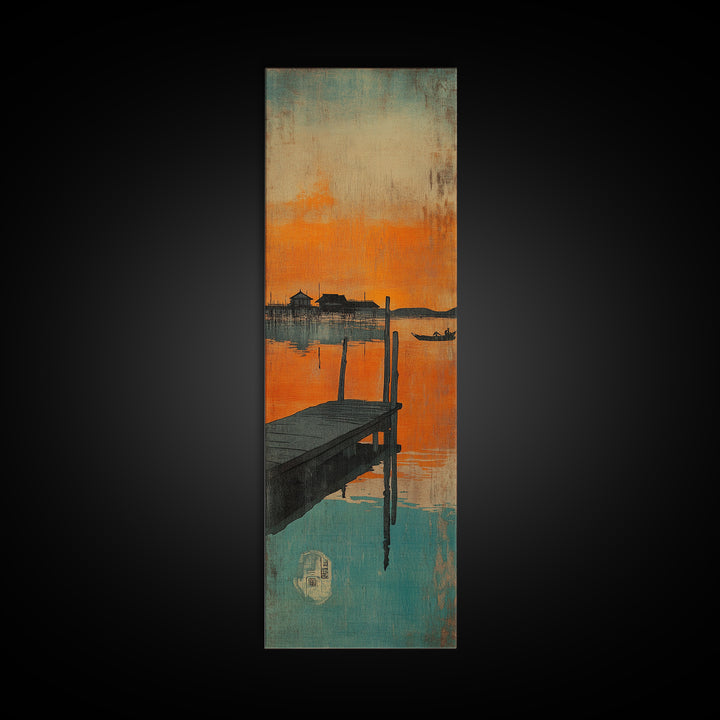 Orange Sunset Dock Wall Art, Moody Seascape Canvas, Coastal Wall Decor, Lake House Decor For Nautical Living Room, Home Decor